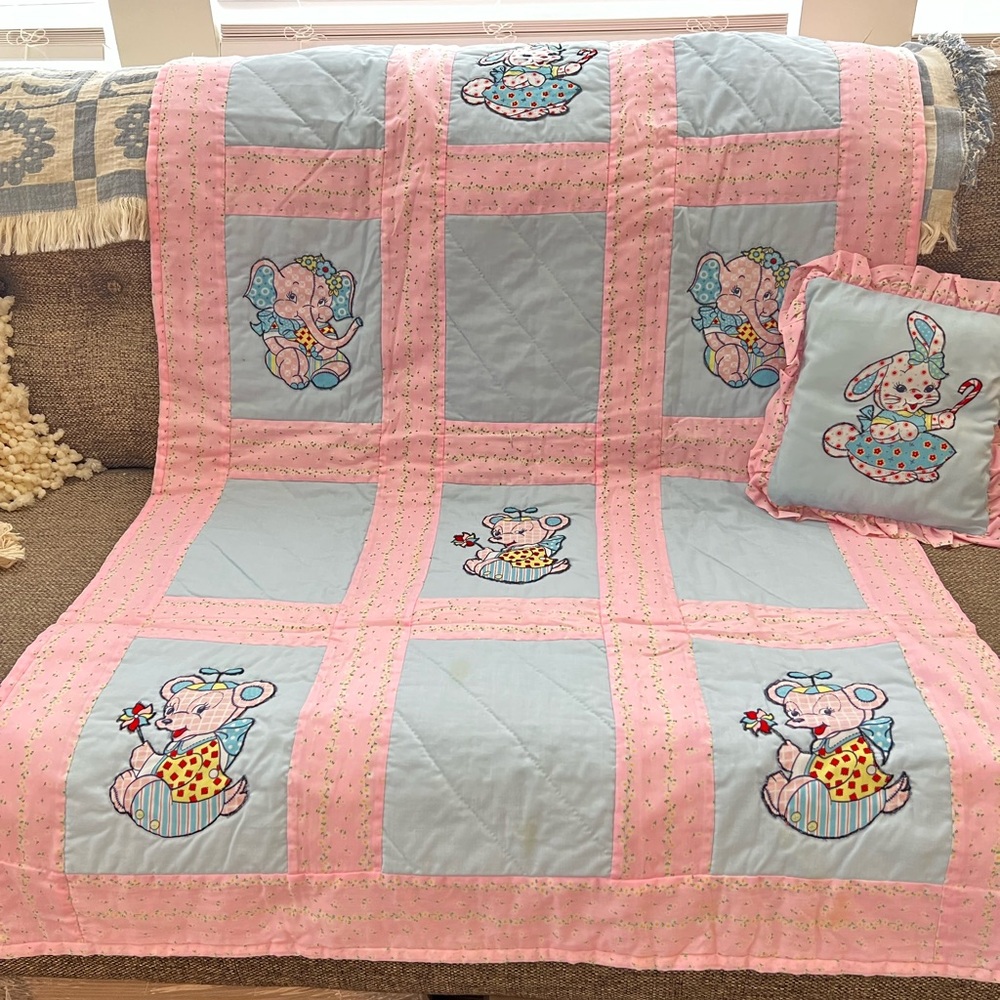 Vintage 80’s Pink and Blue Elephant Quilt with Pillow